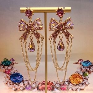 Vintage Signed Betsey Johnson Pink AB Crystal Bow Tassel Gold Earrings